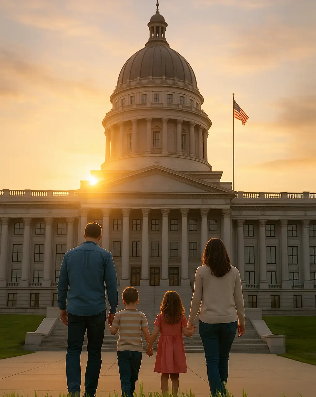 Family standing before a capitol building at sunset.