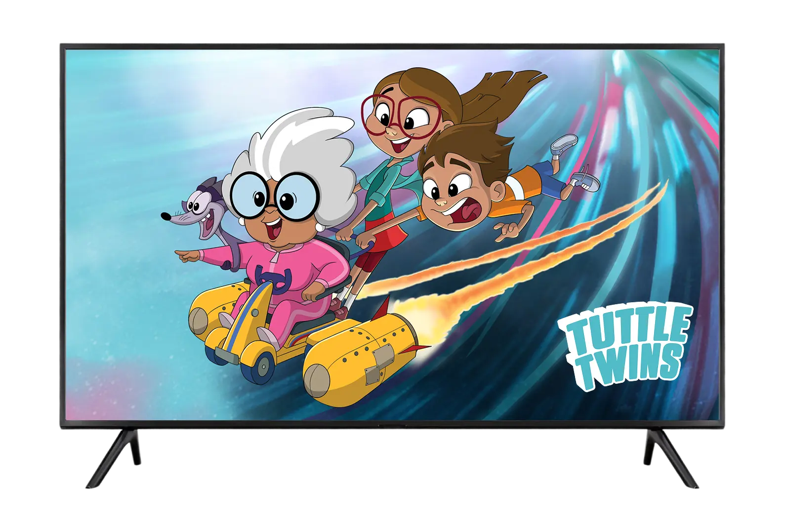 Tuttle Twins animated characters racing across a giant TV screen.
